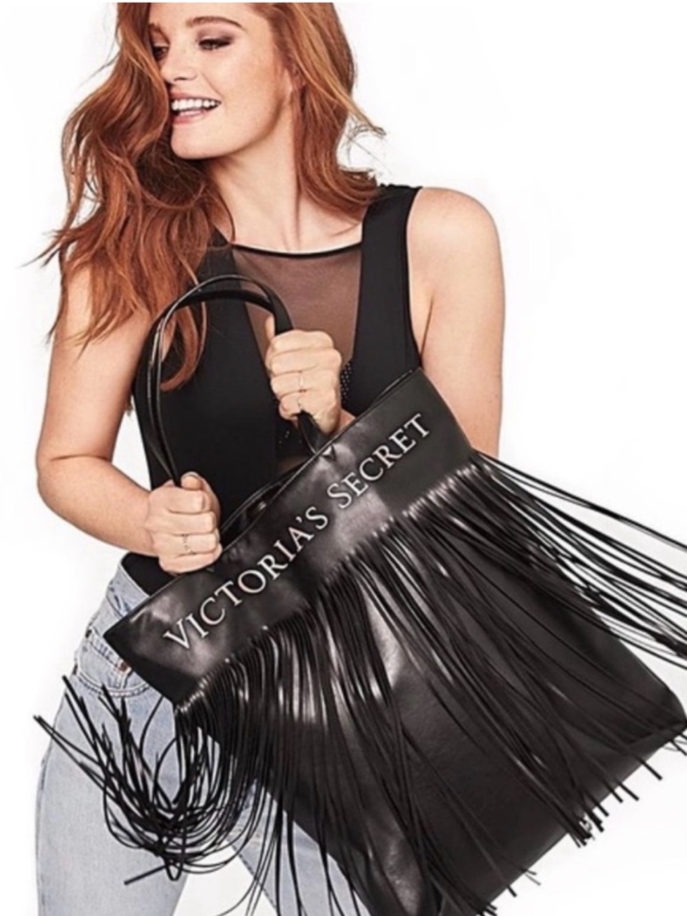 NWT Victoria's Secret black fringe tote bag